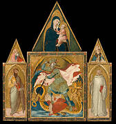 Rofeno Abbey Poliptych. Saint Michael the Archangel slaying the Dragon between Saints Bartholomew and Benedict; Madonna with Child, Saint John the Evangelist and Saint Ludwig of Tolouse (in the cusps);