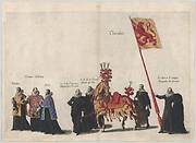 Plate 35: Men with heraldic flags and horses from Charolois marching in the funeral procession of Archduke Albert of Austria; from 'Pompa Funebris ... Alberti Pii'