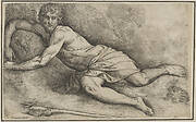 John the Baptist, lying on the ground naked except for a cloth covering his thighs, with his right arm curled around a rock, a reed cross lies on a rock in the foreground