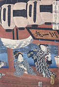 Two women on a boat, right sheet of the triptych 'Evening Cool and Fireworks at Ryōgoku in the Eastern Capital'