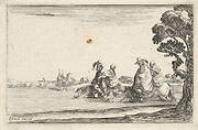 Plate 8: two horsemen in hats at right, each with a woman seated behind them, riding towards the left in profile across a river, a tree at far right, from 'Caprice faict par de la Bella'