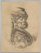 A Turkish man with a beard and turban with one long feather in front, turned three-quarters to the right, an oval composition, from 'Several heads in the Persian style' (Plusieurs têtes coiffées à la persienne)