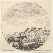 Plate 12: a shepherd sleeping on the ground to right, three horses to left, other horses and various figures to right, the Baths of Diocletian in the background, a round composition, from 'Roman landscapes and ruins' (Paysages et ruines de Rome)