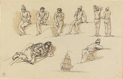 Eight Studies of Figures and a Ship at Sea