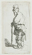 Beggar leaning on a stick, facing left