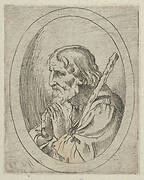 Saint Jude in prayer, seen in profile facing left with a staff resting on his shoulder, in an oval frame, from Christ, the Virgin, and Thirteen Apostles