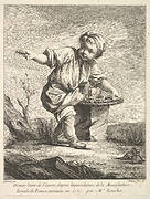 Frontispiece with litte boy holding a basket, from Premier Livre de Figures d'après les porcelaines de la Manufacture Royale de France, inventées en 1757, par Mr. Boucher (First Book of Figures after porcelains from the Manufacture Royale de France, devised in 1757, by Mr. Boucher)