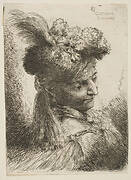 Young man facing three quaters right wearing a fur headdress with a plume, jewel and a headband,  from series of  'Small Heads in Oriental Headdress'