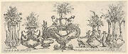 Eight vases, the largest one in center with sculptures of a nymph and a faun, Plate 4 from: 'Collection of Various Vases' (Raccolta di Vasi Diversi)