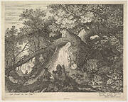 A man holding a staff and seated on a tree trunk; with two goats to either side; surrounded by downed trees, foliage, and a stream; from a series of six landscapes after Roelandt Savery