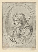 Saint Jude in prayer, seen in profile facing left with a staff resting on his shoulder, in an oval frame, from Christ, the Virgin, and Thirteen Apostles