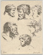 Plate 10: six heads, three bearded men, one soldier, and two children from 'The Book for Learning to Draw' (Livre pour apprendre à dessiner)