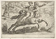 Nessus attempting to take Dejanira from Hercules: Nessus restrains Dejanira on his back while striding to the right, Hercules draws his arrow at left, from the series 'The Labors of Hercules'