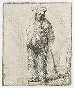 Ragged peasant with his hands behind him, holding a stick