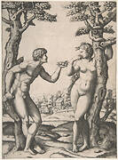 Adam and Eve flanked by two trees, a town in the background