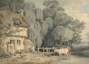 Country Scene: Figures by a Cottage Door and Cattle in a Stream