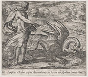 Plate 100: Apollo Killing the Serpent Attacking Opheus's Head (Serpens Orphei caput dilaniaturus in saxum ab Apolline convertitur), from Ovid's 'Metamorphoses'