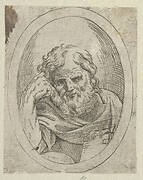 An apostle resting his head on his right hand and holding a book, in an oval frame, from Christ, the Virgin, and Thirteen Apostles