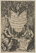 Frontispiece from 'Fiesole Destroyed' ('Fiesole Distrutta'), two seated women, one wearing a laurel wreath and the other wearing a hat crowned with laurel, with the Medici arms and the crown of the grand duchy above