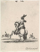 A horseman atop a rearing horse, seen from behind and turned towards the left, two horsemen in the background, from 'Various cavalry exercises' (Diverses exercices de cavalerie)