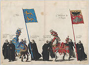 Plate 34: Men with heraldic flags and horses from Frise and the Hapsburg Empire marching in the funeral procession of Archduke Albert of Austria; from 'Pompa Funebris ... Alberti Pii'