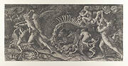 Lo Stregozzo: a female witch riding on an animal skeleton, preceded by two men and a boy on a goat blowing on a horn, another naked man behind carrying two bones