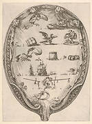 Rébus on the subject of fortune, a riddle depicted on drapery surrounded by a frame, an oval composition