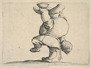 Small male figure in profile view whose face is hidden by his upraised arm holding a cup, with lowered hand grasping a vessel, from the series 'Varie figure gobbi'