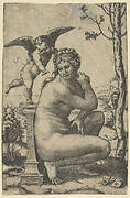 Venus crouching by a plinth on top of which stands Cupid