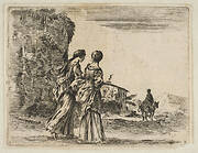 Plate 3: two girls walking towards the right, seen from behind, a woman on a horse to right in background, from 'Diversi capricci'