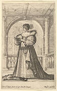 A woman standing, facing the left in profile, wearing a hat and a lace collar, reading from a prayer book