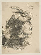 Man wearing a small turban Oonamented with plumes and ribbon, facing right,  from the series of  'Small Heads in Oriental Headdress' (19th century impression)