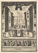 Frontispiece for the comedy 'The Buffoons' (Li Buffoni), a set on stage resembling a public space, various figures dancing around two people in cages in center stage, fifteen spectators below