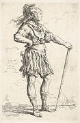 A warrior facing right wearing a plumed helmet and holding a staff, from the series 'Figurine'