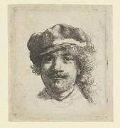 Self-portrait wearing a soft cap: full face, head only