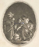 Salome receiving the head of John the Baptist, surrounded by three men and a child bearing a torch, the Baptist's body lies on the ground, an oval composition