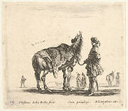 Plate 15: a Polish nobleman, facing away, holding his horse covered in leopard skin, four men and a horse in background, from 'Diversi capricci'