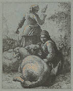 Woman Spinner and a Shepherd with Flock