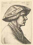 Head of young man wearing hat in profile to right