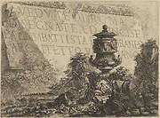 Title-page for the 'Vedute di Roma' comprising a stone in the background inscribed with the title, a classical vase and fragments of columns in the foreground