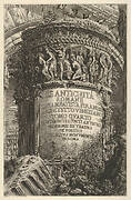 Title page: volume IV, 'The Antiquities of Rome by Giambatista Piranesi, Venetian Architect. Volume 4, containing the ancient bridges, the remains of theaters, of porticoes, and of other monuments of Rome' (Le antichità romane di Giambatista Piranesi architetto veneziano. Tomo quarto, contenente i ponti antichi, gli avanzi de' teatri, de' portici, e di altri monumenti di Roma), from the series 'Roman Antiquities' (Le Antichità Romane)