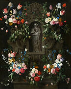 Garland of Flowers surrounding a Sculpture of the Virgin Mary