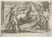 Hercules and the Mares of Diomedes: Hercules grasps the bridle of a rearing horse, a second horse tramples a figure in at right, from the series 'The Labors of Hercules'