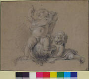 Two Putti, One Holding Aloft a Bunch of Grapes