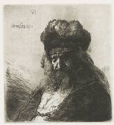 Bearded old man in a high fur cap, with eyes closed