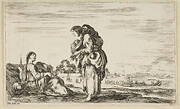 A woman seated to left holding a child, facing right in profile, conversing with a standing woman in center, carrying one child on her back and another in her arms, a church to left in background and boats to right in background, from 'Various figures and lands' (Diverse figure e paesi)