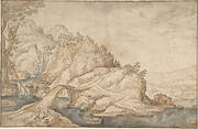 Hilly Landscape with River, Bridge and Houses with Two Figures at Left