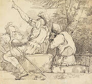 Three Soldiers in Armour Sitting on Stone Blocks