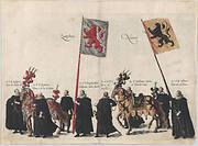 Plate 36: Men with heraldic flags and horses from Zutphen and Namur marching in the funeral procession of Archduke Albert of Austria; from 'Pompa Funebris ... Alberti Pii'