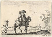 Plate 10: a horseman and a woman, seen from behind, riding towards the right with a young man following them to left, another horseman and woman to right in the background, from 'Various Figures' (Agréable diversité de figures)